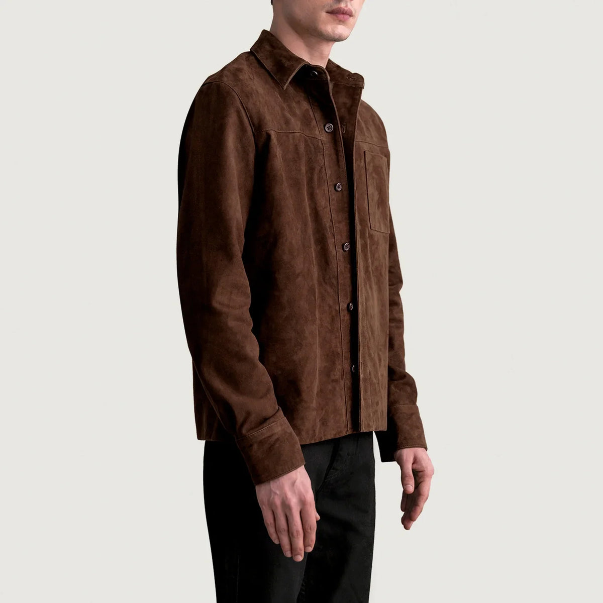 
Brown Goatskin suede Jacket - Pamje e pasme me supe të theksuara dhe buzë të pastër