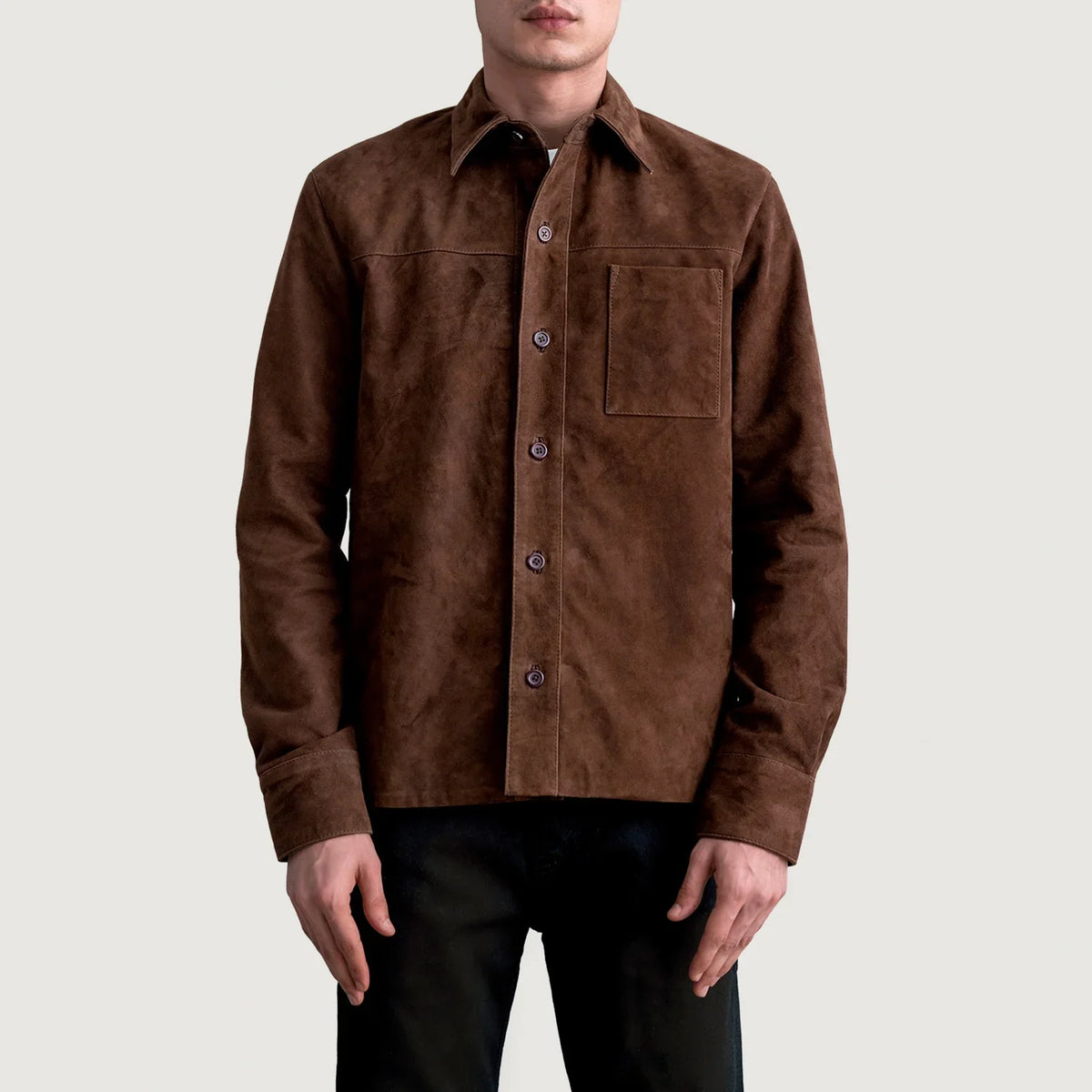 
Scout Mocha Suede Leather Shirt për Meshkuj për Meshkuj - Pamje anësore me prerje ergonomike të mëngëve