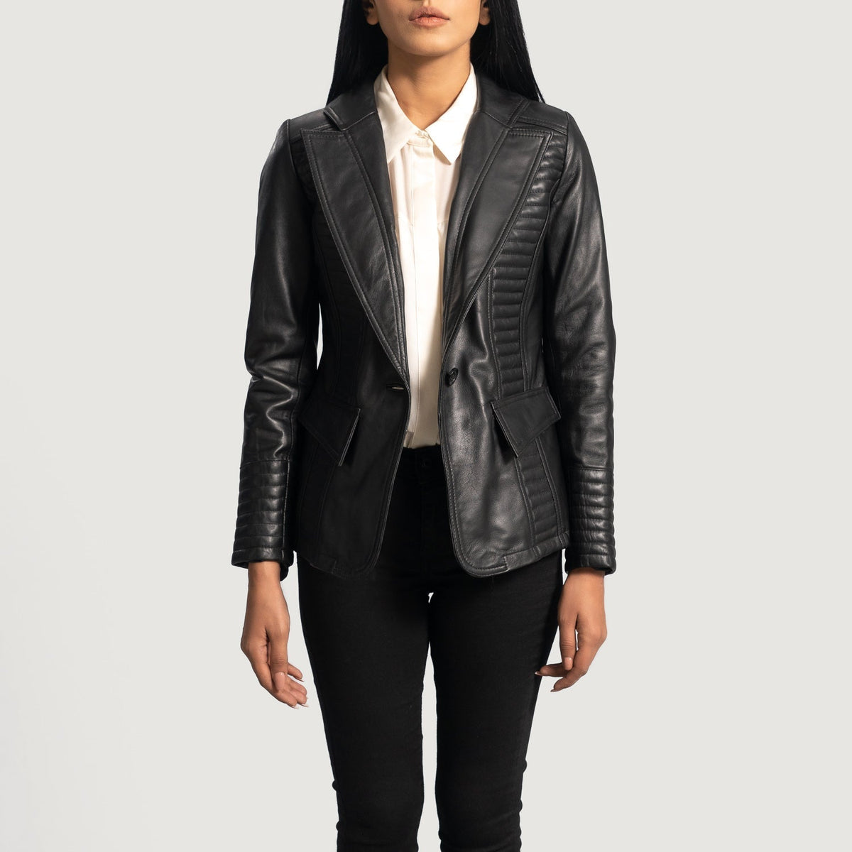 Women's Selina Black Leather Blazer in Black Sheepskin Leather - Front Profile View &amp; Tailored Silhouette | Buy Online