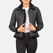 
Sherilyn B-3 Distressed Black Leather Bomber Jacket in Distressed Black Sheepskin Snuffed - Pamje ballore dhe siluetë e përshtatur | Bli online