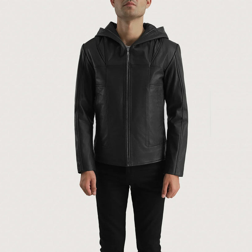 Spratt E zezë Hooded Xhaketë Lëkure për Meshkuj