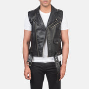 
Sullivan E zezë Leather Biker Vest për Meshkuj in Black Cowhide Leather - Pamje ballore dhe siluetë e përshtatur | Bli online