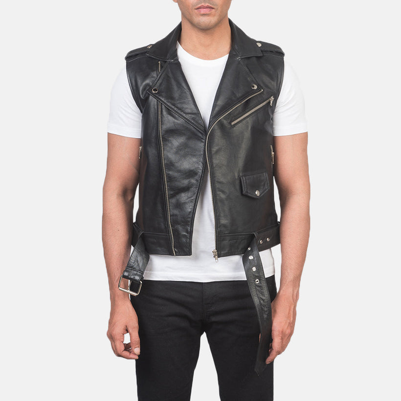 Sullivan E zezë Leather Biker Vest për meshkuj