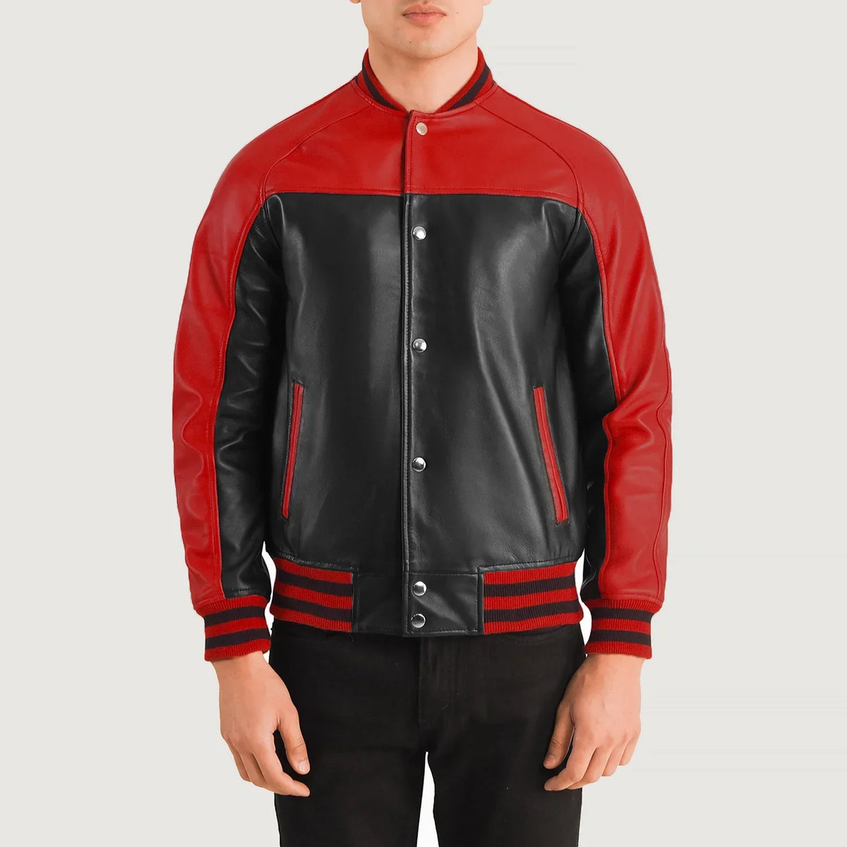 
Tailored Rib Cuffs & Hem Craftsmanship Construction Detail on Terrance Black & Red Leather Varsity Jacket