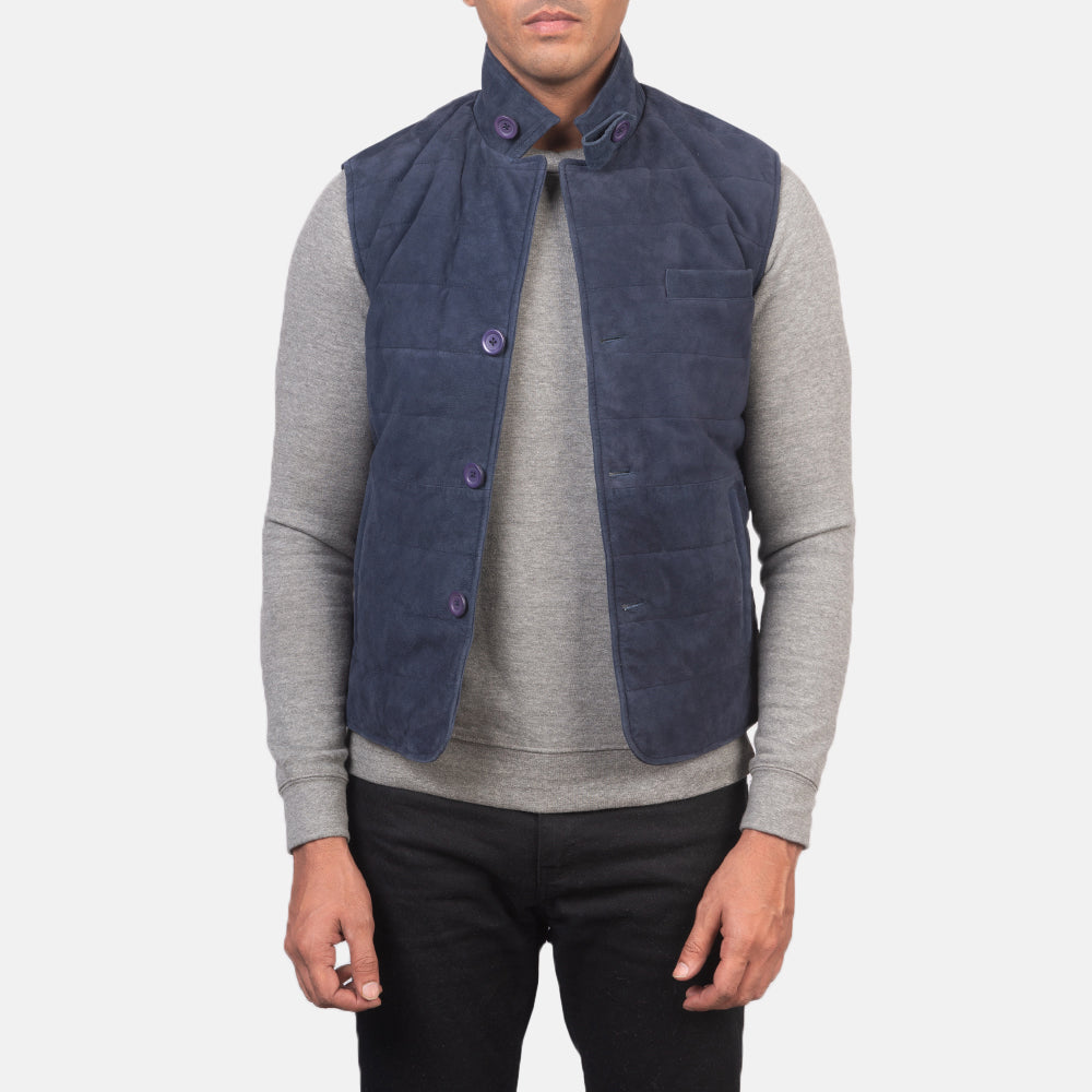 
Tony Blu Suede Vest për Meshkuj in Blue Goatskin Suede - Pamje ballore dhe siluetë e përshtatur | Bli online