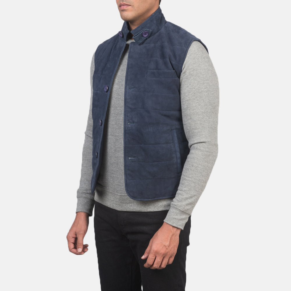 
Blue Goatskin Suede Leather Vest - Pamje e pasme me supe të theksuara dhe buzë të pastër