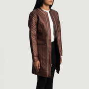 
Maroon Sheepskin leather Coat - Pamje e pasme me supe të theksuara dhe buzë të pastër