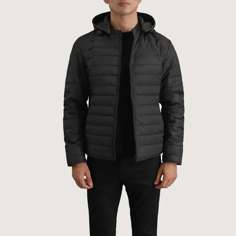 Tyler E zezë Hooded Puffer Xhaketë Lëkure për Meshkuj