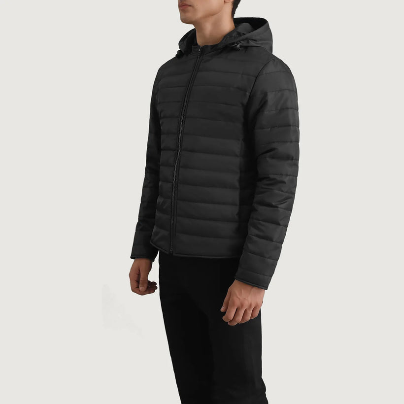 Tyler E zezë Hooded Puffer Xhaketë Lëkure për Meshkuj