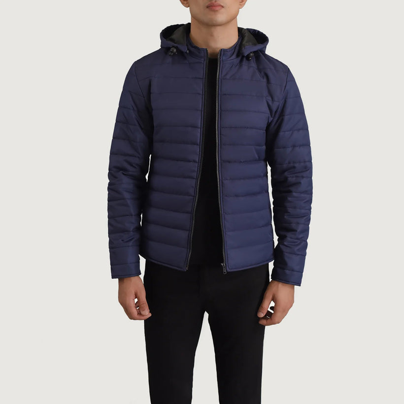 Tyler Blu Hooded Puffer Xhaketë Lëkure për Meshkuj