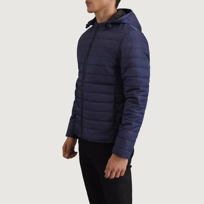Tyler Blu Hooded Puffer Xhaketë Lëkure për Meshkuj