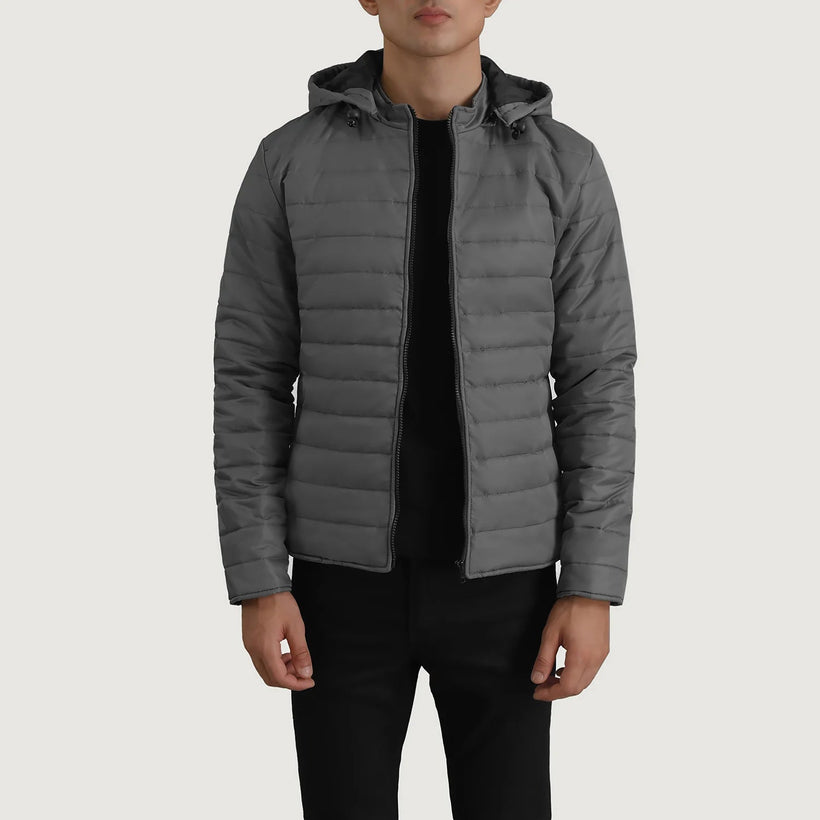 Tyler Grey Hooded Puffer Xhaketë Lëkure për Meshkuj