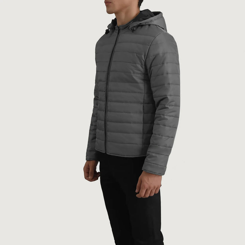 Tyler Grey Hooded Puffer Xhaketë Lëkure për Meshkuj