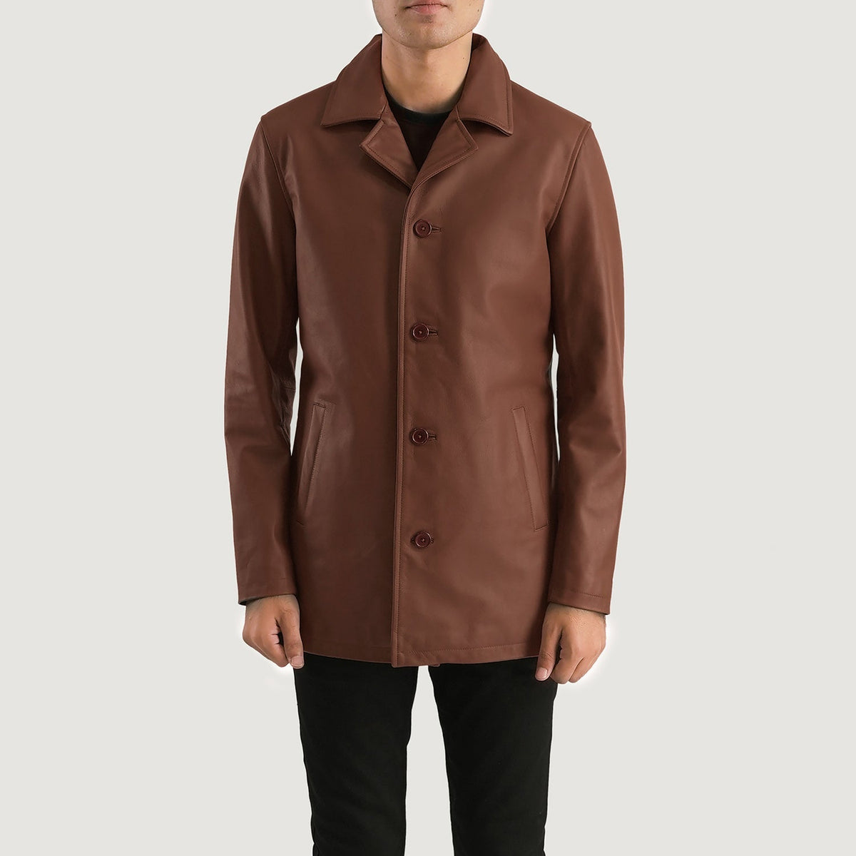 
Urban Slate Kafe Pallto Lëkure për Meshkuj in Brown Cowhide Leather - Pamje ballore dhe siluetë e përshtatur | Bli online