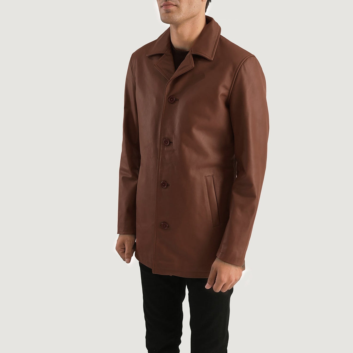
Brown Cowhide leather Coat - Pamje e pasme me supe të theksuara dhe buzë të pastër