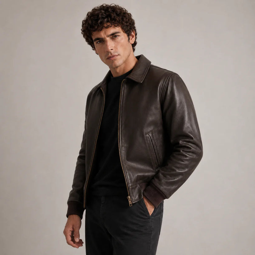 Dark Kafe Sheepskin Xhaketë bomber lëkure për meshkuj