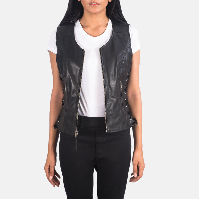 Vanda E zezë Leather Biker Vest për Femra