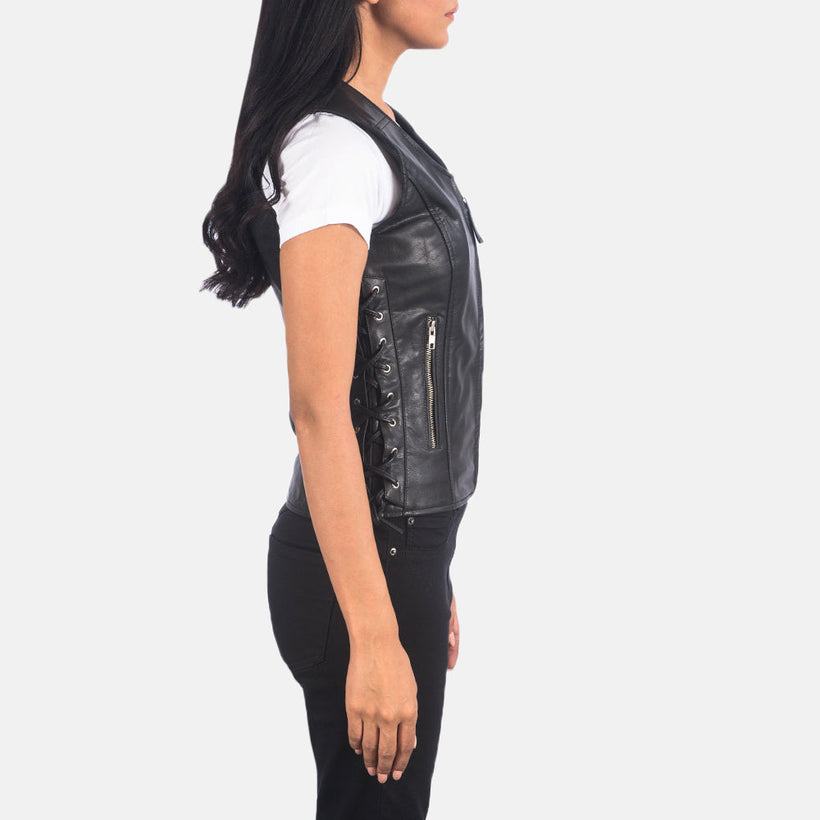 Vanda E zezë Leather Biker Vest për Femra