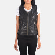 Close-Up Detail of V-neck &amp; Zipper Hardware on Women's Vanda Black Leather Biker Vest