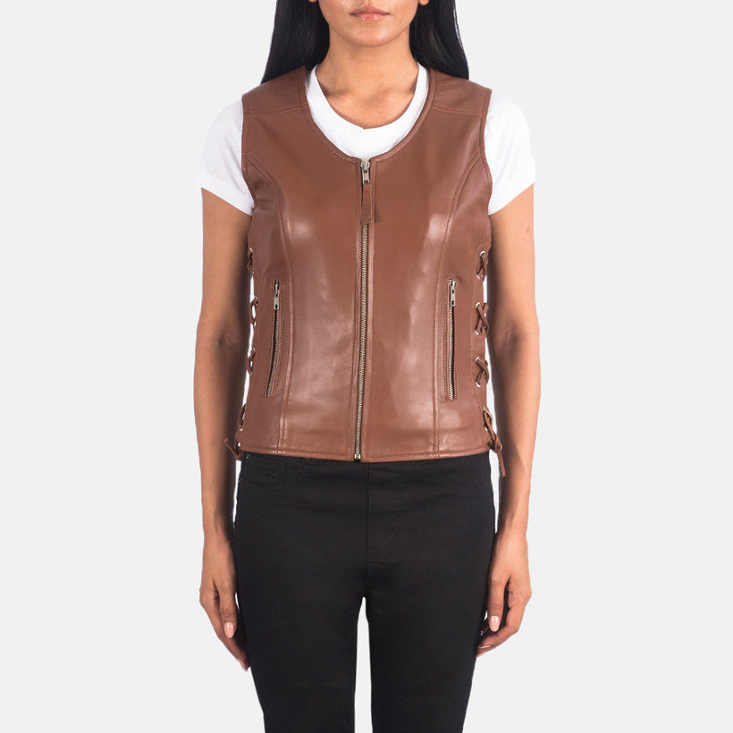 Vanda Kafe Leather Biker Vest për femra