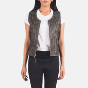 
Vanda Distressed Kafe Leather Biker Vest për Femra in Distressed Brown Goatskin Leather - Pamje ballore dhe siluetë e përshtatur | Bli online