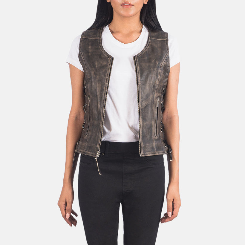 Vanda Distressed Kafe Leather Biker Vest për femra
