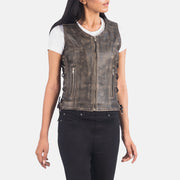 
Distressed Brown Goatskin Leather Biker Jacket - Pamje e pasme me supe të theksuara dhe buzë të pastër