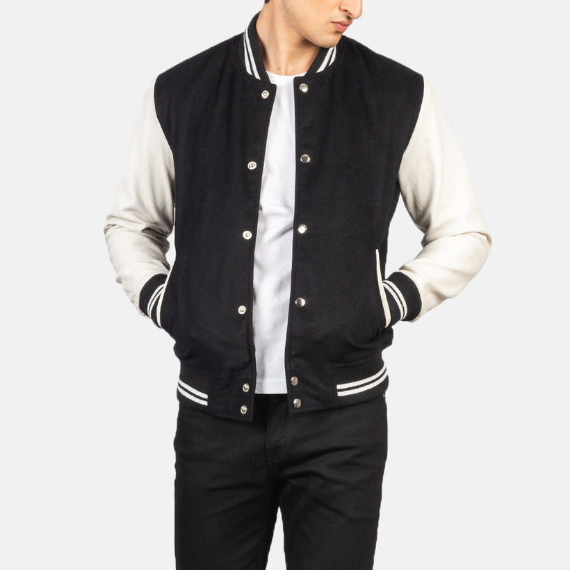 Vaxton E zezë & White Hybrid Varsity Xhaketë lëkure për meshkuj