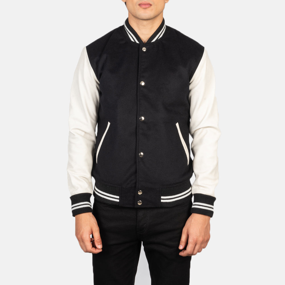 Close-Up Detail of Varsity &amp; Snap Buttons Hardware on Men's Vaxton Black &amp; White Hybrid Varsity Jacket