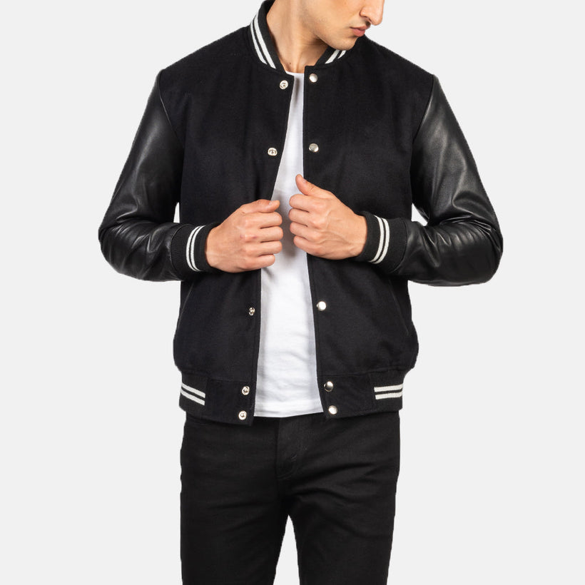 Vaxton E zezë Striped Hybrid Varsity Xhaketë lëkure për meshkuj