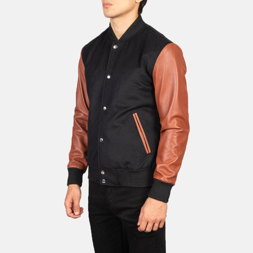 Vaxton Kafe & E zezë Hybrid Varsity Xhaketë lëkure për meshkuj