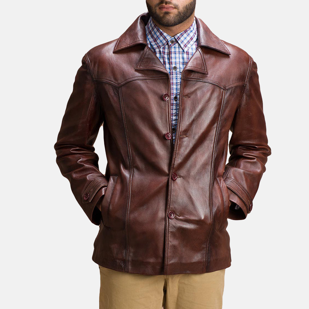 
Brown Sheepskin leather Coat - Pamje e pasme me supe të theksuara dhe buzë të pastër