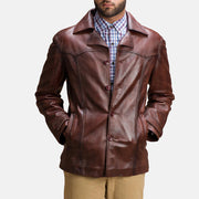 
Brown Sheepskin leather Coat - Pamje e pasme me supe të theksuara dhe buzë të pastër