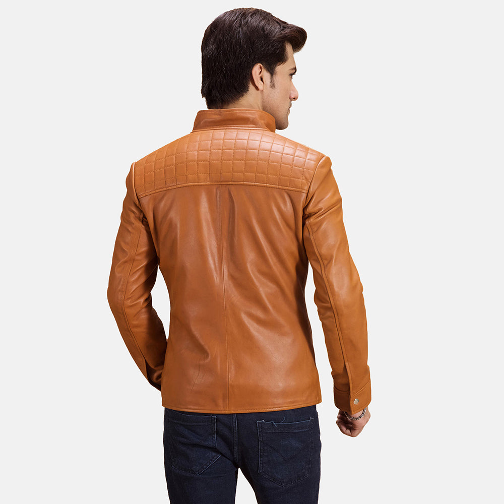Close-Up Detail of Notch &amp; Zipper Hardware on Voltex Tan Leather Biker Jacket