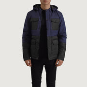 
Wayne E zezë & Blu Hooded Puffer Xhaketë Lëkure për Meshkuj in Black + Blue Full-Grain Leather - Pamje ballore dhe siluetë e përshtatur | Bli online