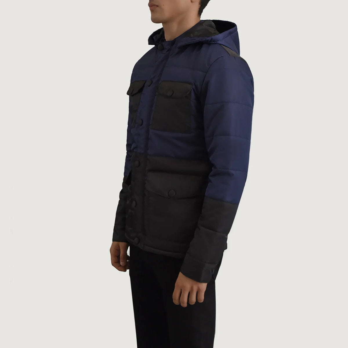 
Black + Blue Full-Grain Leather Hooded Jacket - Pamje e pasme me supe të theksuara dhe buzë të pastër
