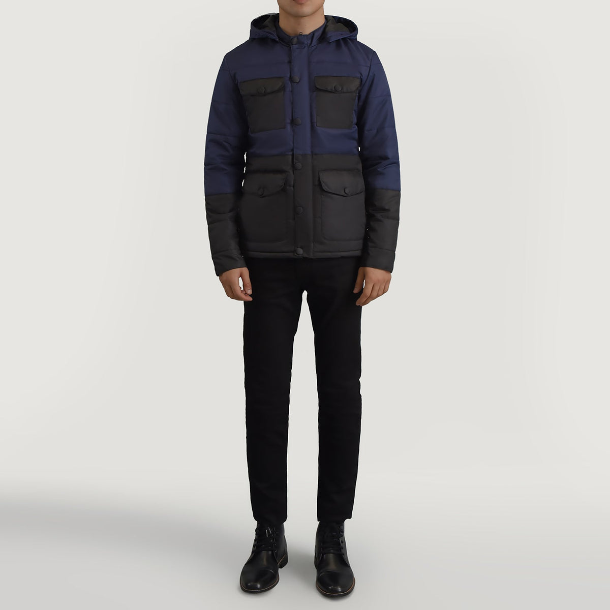 
Wayne E zezë & Blu Hooded Puffer Xhaketë Lëkure për Meshkuj - Pamje anësore me prerje ergonomike të mëngëve