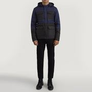 
Wayne E zezë & Blu Hooded Puffer Xhaketë Lëkure për Meshkuj - Pamje anësore me prerje ergonomike të mëngëve