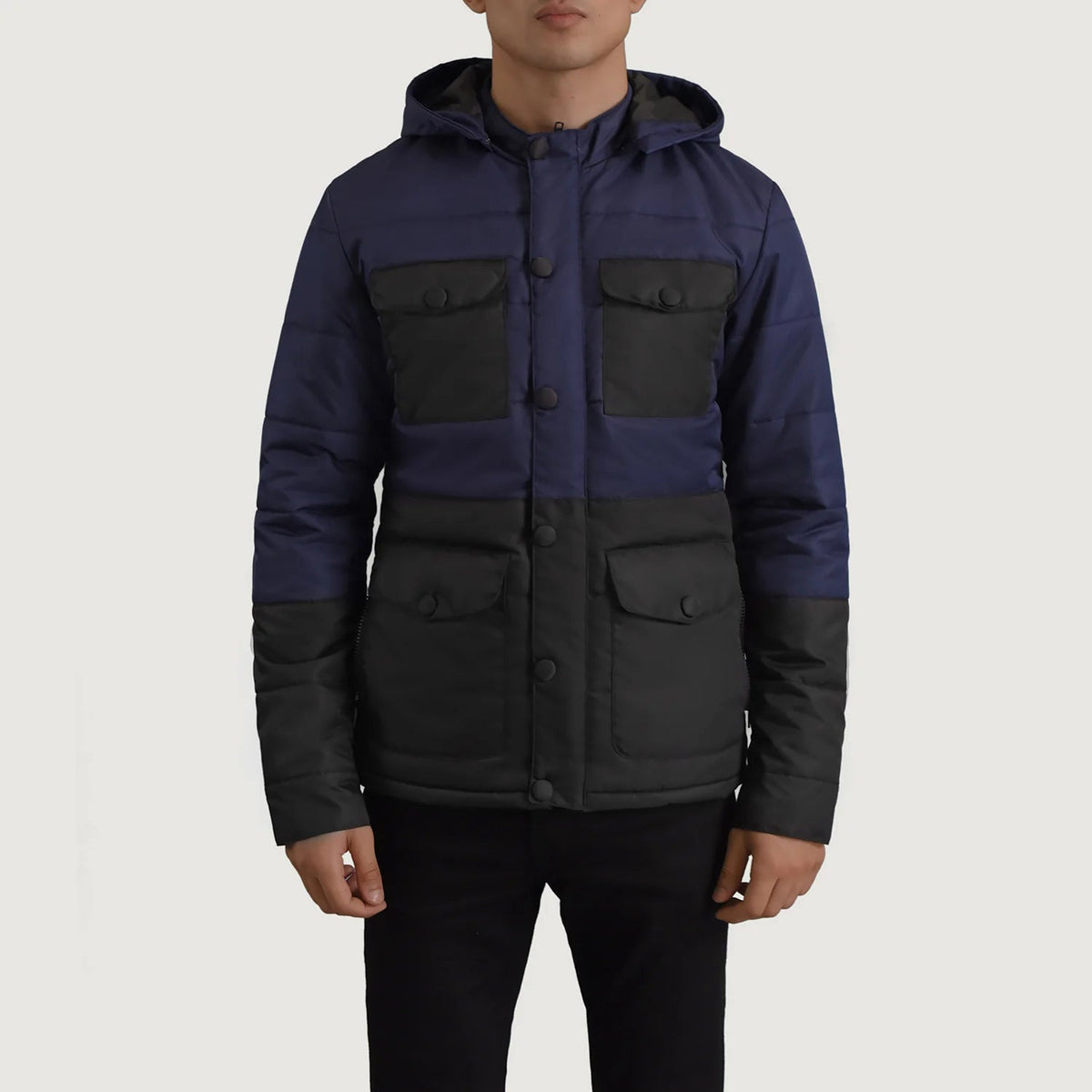 
Detaje nga afër of Classic Collar & Heavy-Duty Zipper Hardware on Wayne E zezë & Blu Hooded Puffer Xhaketë Lëkure për Meshkuj