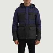
Detaje nga afër of Classic Collar & Heavy-Duty Zipper Hardware on Wayne E zezë & Blu Hooded Puffer Xhaketë Lëkure për Meshkuj