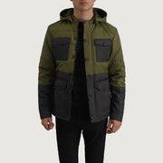 
Wayne E zezë & E gjelbër Hooded Puffer Xhaketë Lëkure për Meshkuj in Black + Green Full-Grain Leather - Pamje ballore dhe siluetë e përshtatur | Bli online
