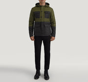 
Wayne E zezë & E gjelbër Hooded Puffer Xhaketë Lëkure për Meshkuj - Pamje anësore me prerje ergonomike të mëngëve