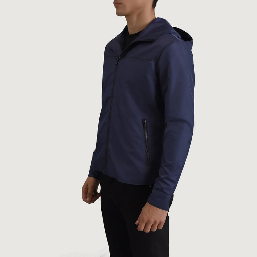 Wesley Blu Hooded Windbreaker Xhaketë Lëkure për Meshkuj