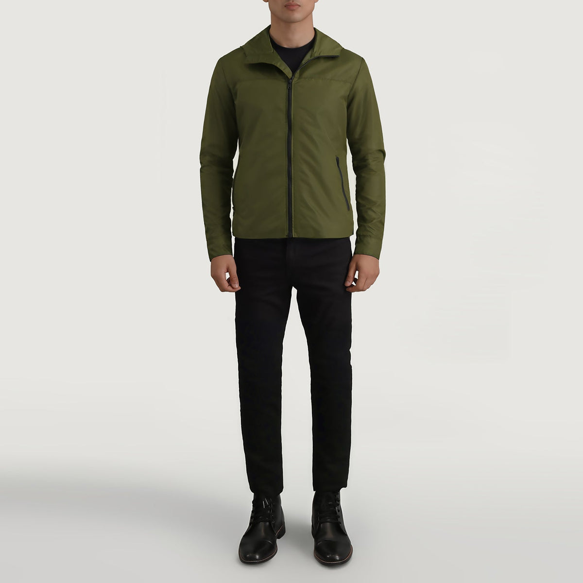 
Wesley E gjelbër Hooded Windbreaker Xhaketë Lëkure për Meshkuj - Pamje anësore me prerje ergonomike të mëngëve