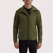 
Detaje nga afër of Classic Collar & Zipper With Inside Wind Flap. Hardware on Wesley E gjelbër Hooded Windbreaker Xhaketë Lëkure për Meshkuj