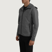 
Grey Full-Grain Leather Hooded Jacket - Pamje e pasme me supe të theksuara dhe buzë të pastër