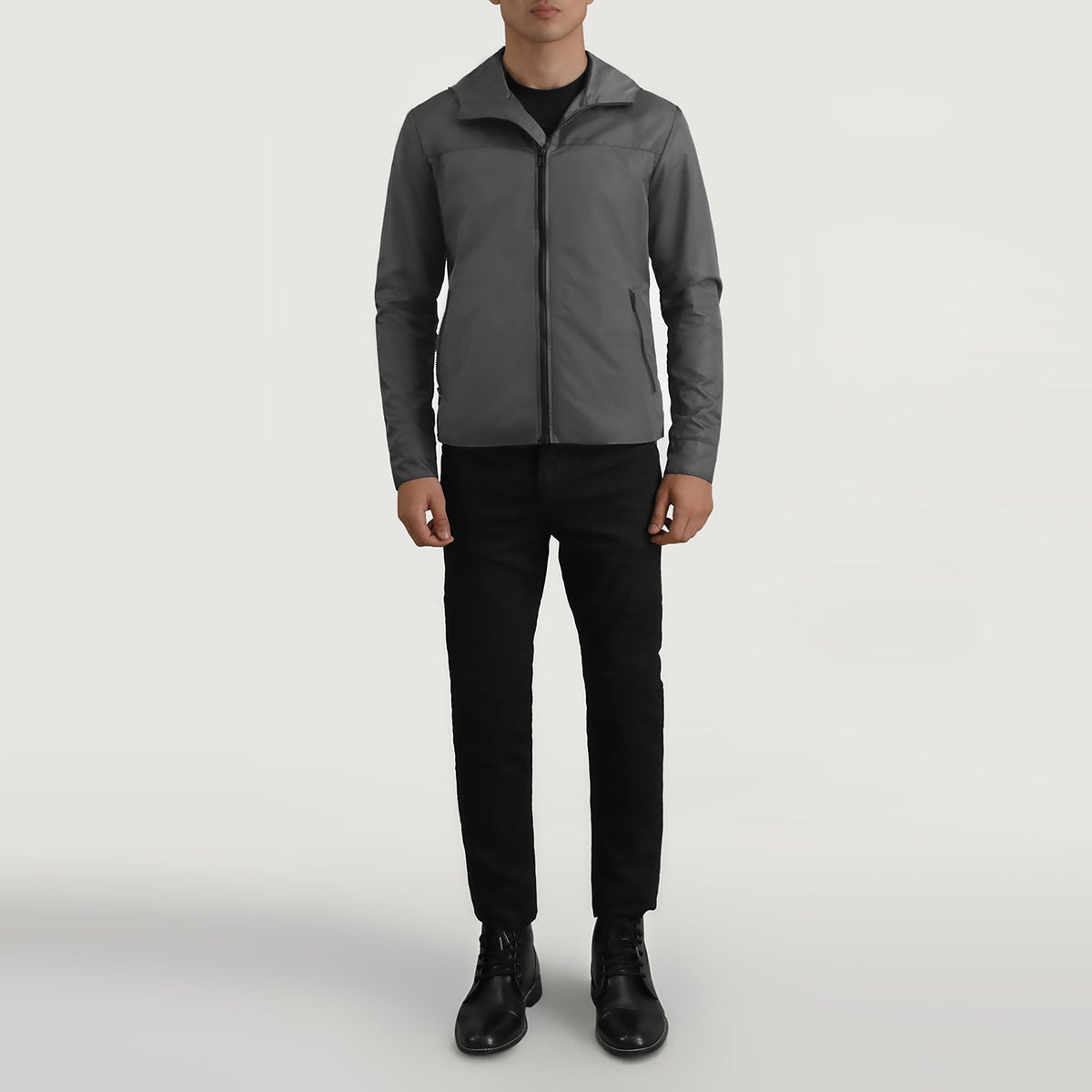 
Wesley Grey Hooded Windbreaker Xhaketë Lëkure për Meshkuj - Pamje anësore me prerje ergonomike të mëngëve