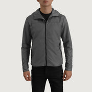 
Detaje nga afër of Classic Collar & Zipper With Inside Wind Flap. Hardware on Wesley Grey Hooded Windbreaker Xhaketë Lëkure për Meshkuj