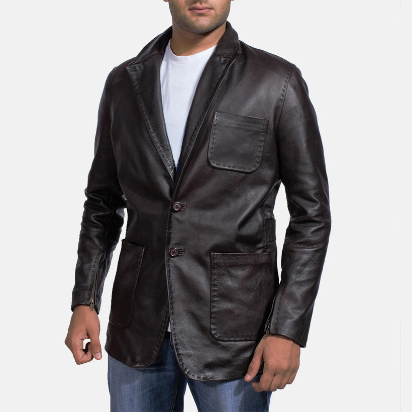 Wine E zezë Leather Blazer për meshkuj