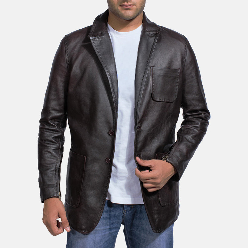 Wine E zezë Leather Blazer për meshkuj